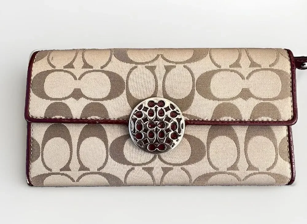 Coach Alexandra Signature C Jacquard Wallet Tan Burgundy Long Snap Closure